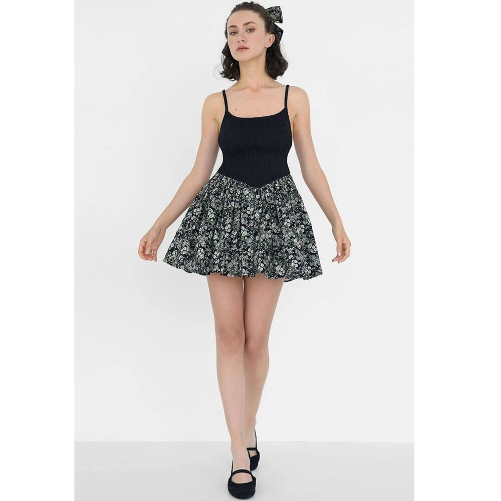 Nuaje Nuaje Bianca Smocked Ballerina Mini Dress Black and Floral M $275